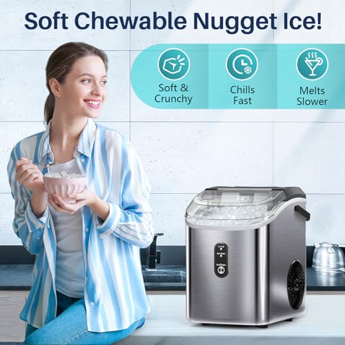 FREE VILLAGE Nugget Ice Maker Countertop, Pebble Ice Maker Machine with Soft Chewable Ice, 34lbs/24H, Self-Cleaning, One-Click Operation, Stainless Steel