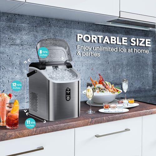 FREE VILLAGE Nugget Ice Maker Countertop, Pebble Ice Maker Machine with Soft Chewable Ice, 34lbs/24H, Self-Cleaning, One-Click Operation, Stainless Steel