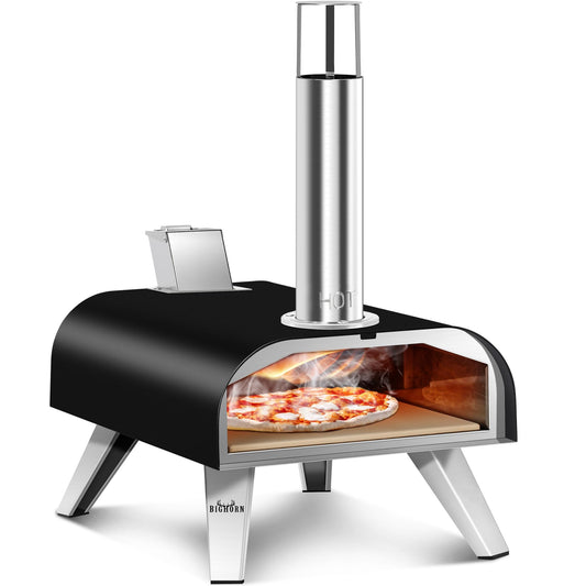 BIG HORN OUTDOORS 12" Black Pizza Ovens Wood Pellet Fired Pizza Maker, Stone-Baked Pizzas Made Easy Use Anywhere