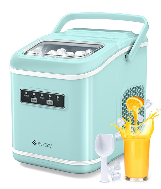 ecozy Countertop Ice Maker, Portable Ice Maker with Self-Cleaning, 9 Bullet Ice Cubes in 6 Mins, 26lbs/24Hrs, Ice Maker Machine with Ice Bags, Handle, Standing Scoop and Basket, Green