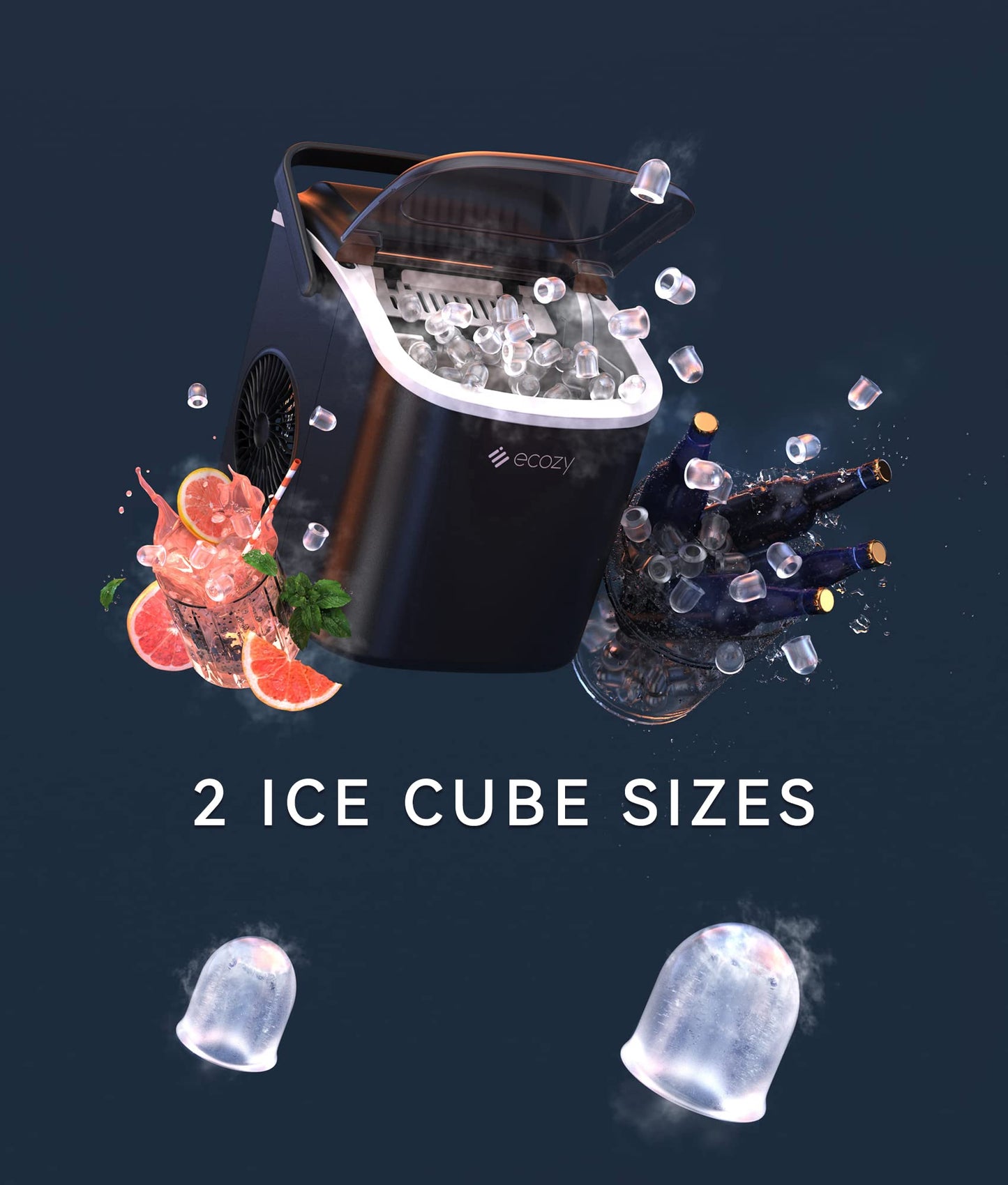 ecozy Portable Countertop Ice Maker - 9 Ice Cubes in 6 Minutes, 26 lbs Daily Output, Self-Cleaning with Ice Bags, Scoop