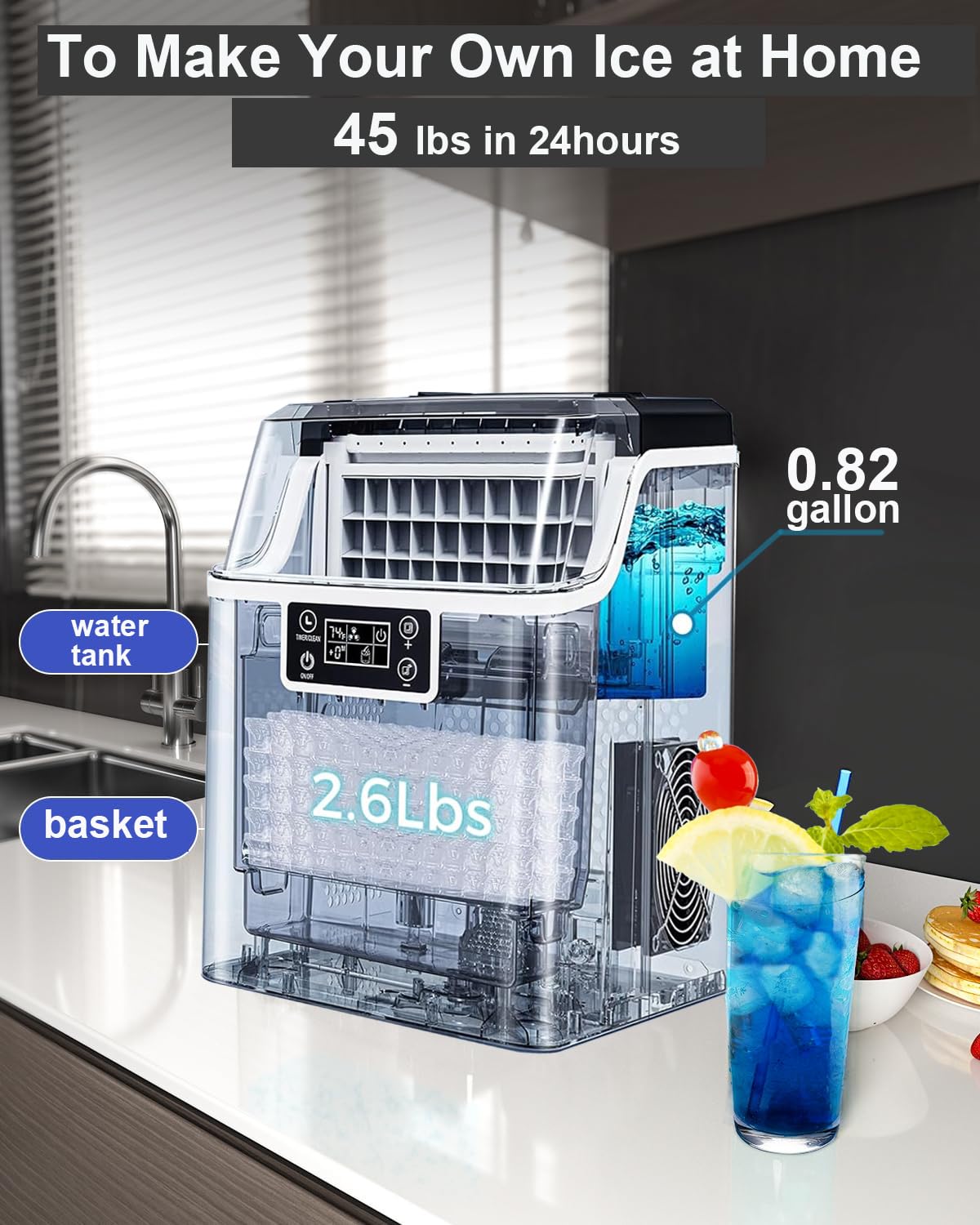 Kndko Ice Makers Countertop, 45Lbs/Day, 2 Ways to Add Water, Countertop Ice Maker, 24 Pcs Ready in 13 Mins, Self Cleaning Ice Maker, 24H Timer, Perfect for Home Bar RV