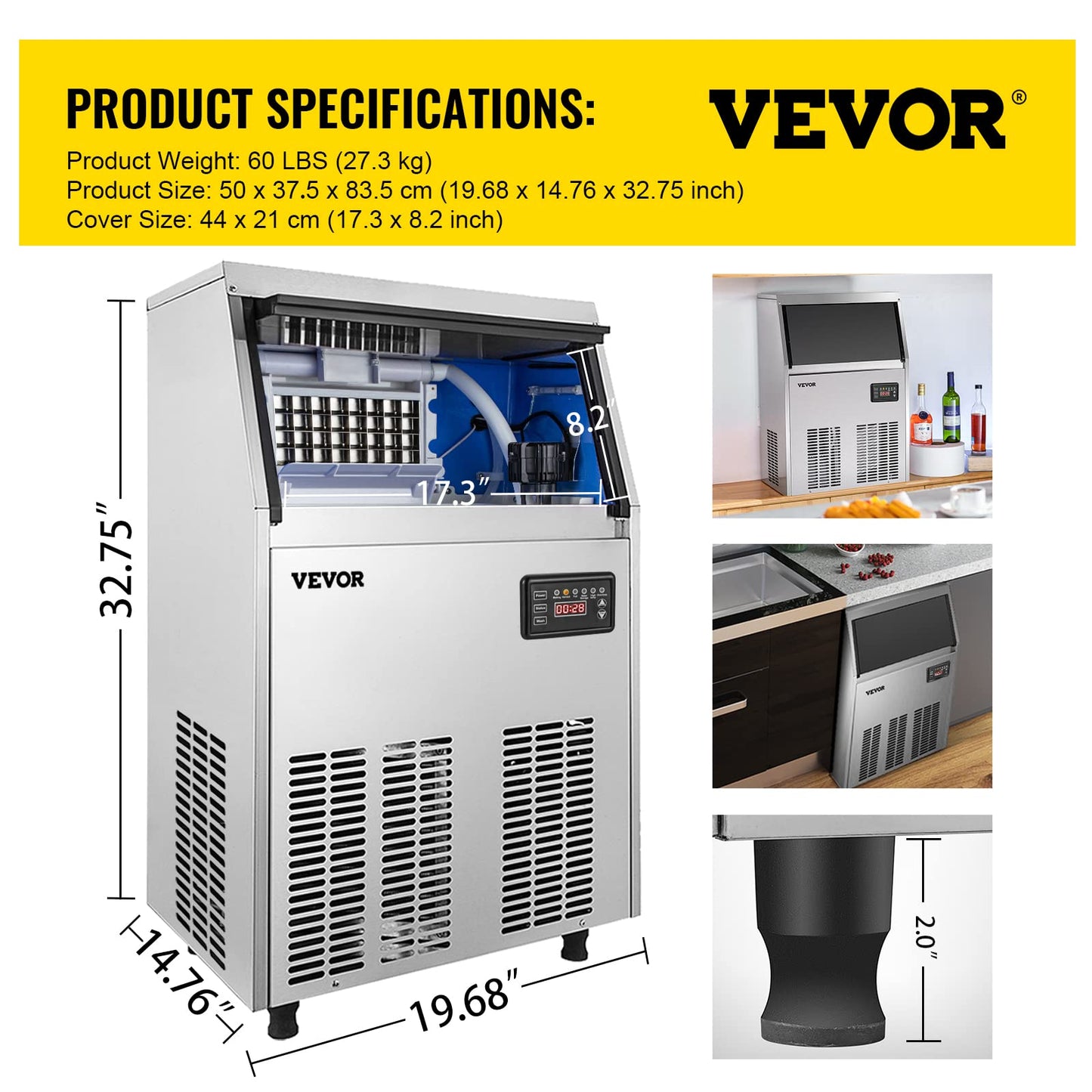 VEVOR Commercial Ice Maker Machine, 110-120LBS/24H with 33LBS Bin Stainless Steel Automatic Operation Commercial Ice Machine for Home Bar