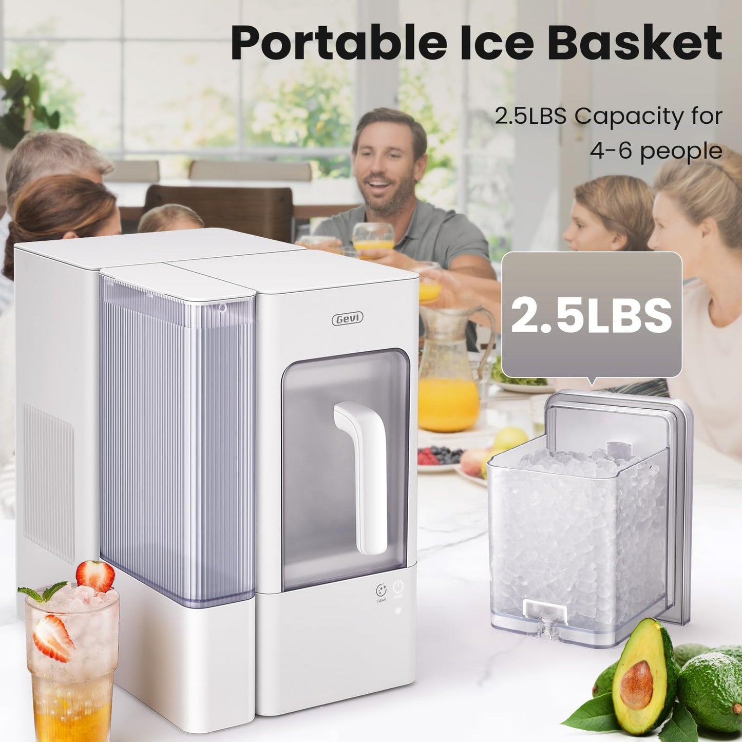 Gevi Adella Nugget Ice Maker Countertop, Chewable Pellet Ice Machine with Portable Ice Basket Large Side Tank Self-Cleaning for Home Kitchen Office Party Mother Gift