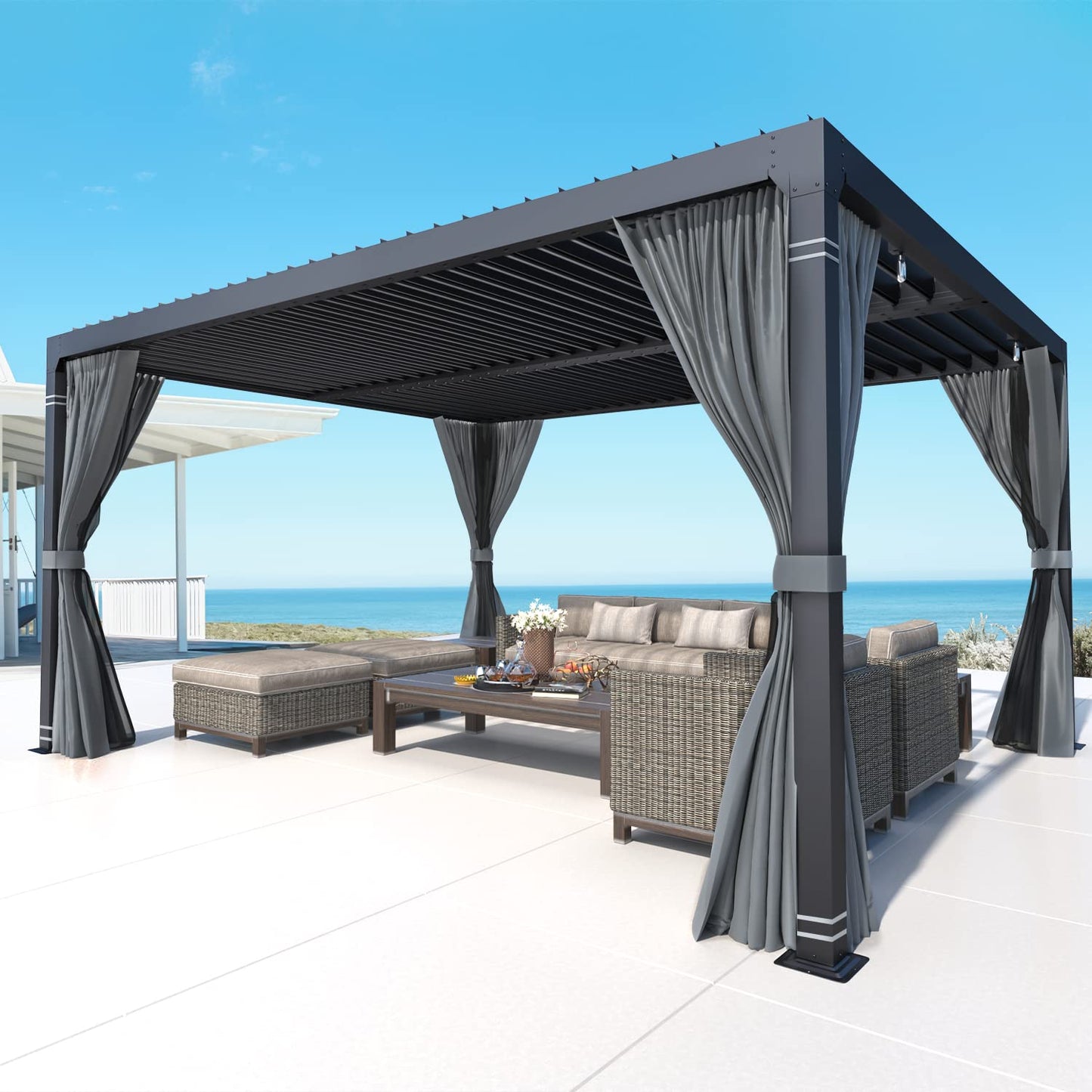MELLCOM Louvered Pergola 10x12, Aluminum Pergola with Adjustable Louvered Roof, Outdoor Small Pergola with Waterproof Curtains and Nets, Gray