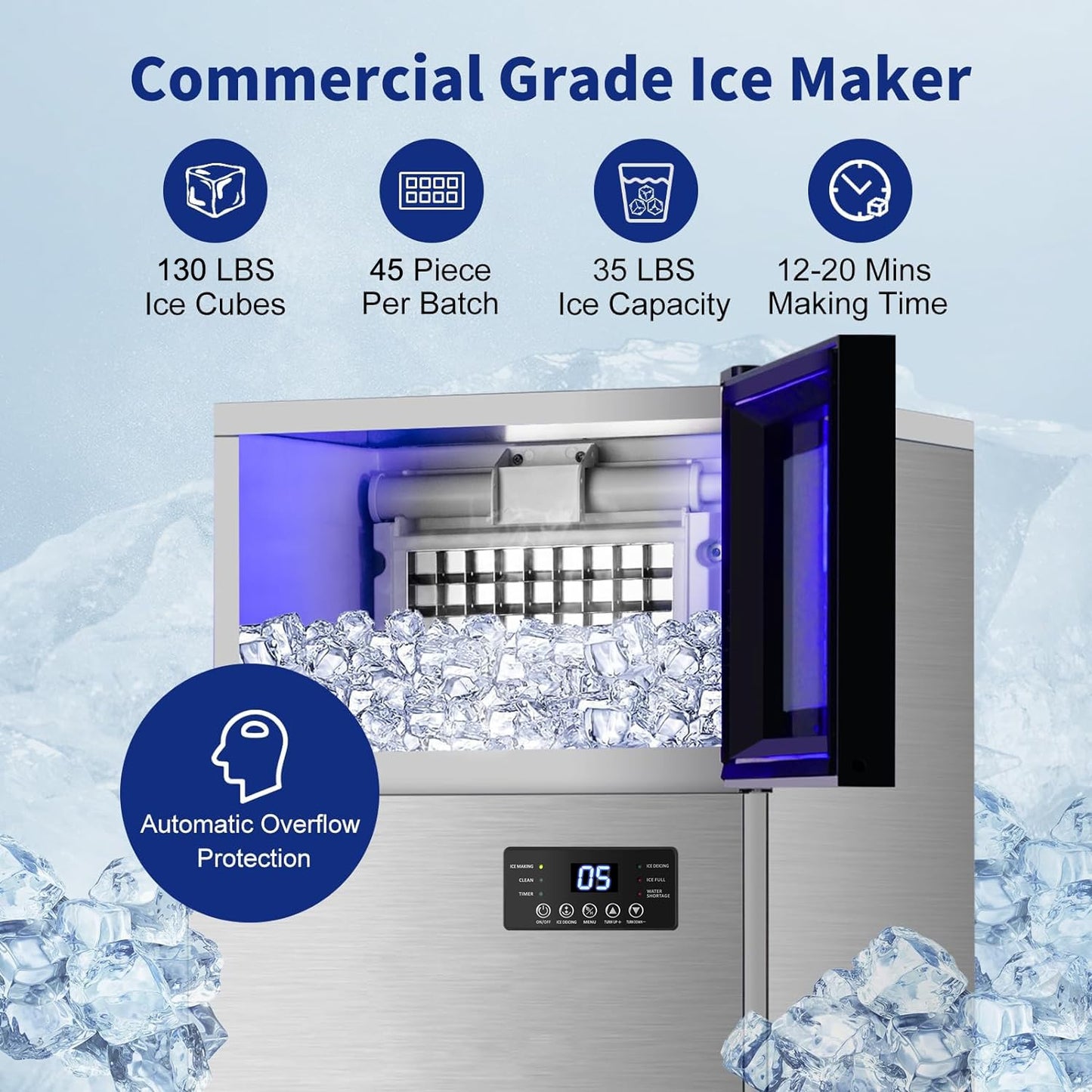 Commercial Ice Maker 130 LBS/24H, Upgraded 15" Wide Under Counter Ice Maker with 35LBS Ice Capacity