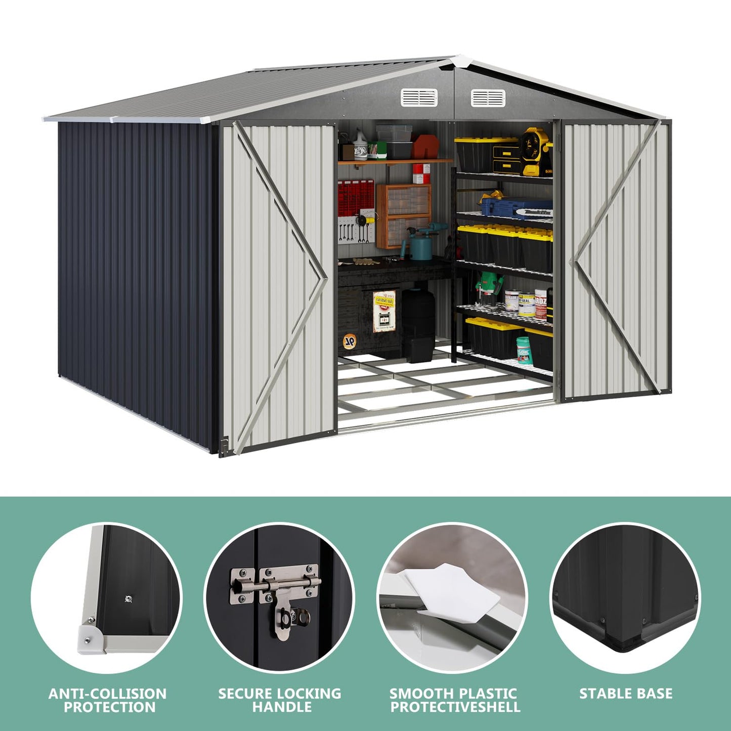Aoxun 9.6’x7.8’ Outdoor Metal Storage Shed, Steel Utility Tool Shed Storage with Lockable Doors, Metal Sheds Outdoor Storage for Garden, Backyard, Lawn and Patio, Black