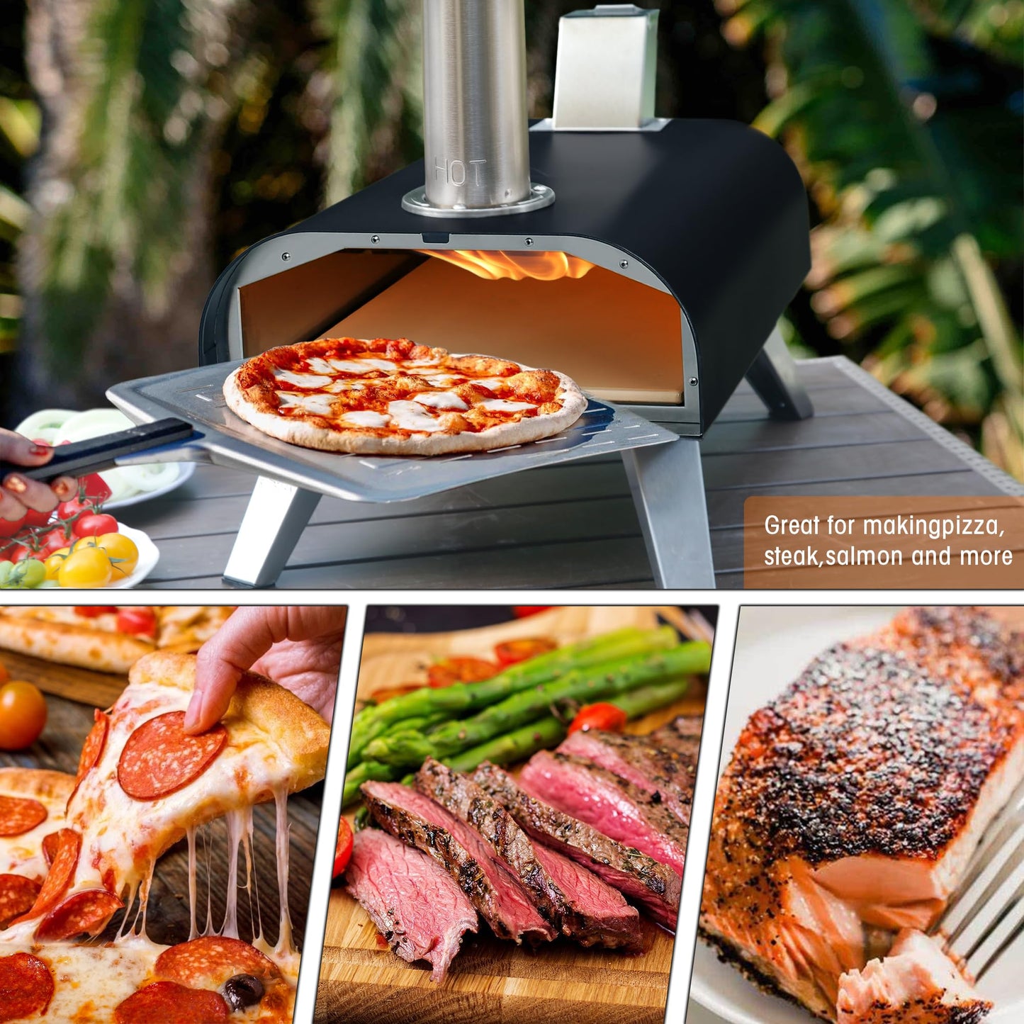 BIG HORN OUTDOORS 12" Black Pizza Ovens Wood Pellet Fired Pizza Maker, Stone-Baked Pizzas Made Easy Use Anywhere