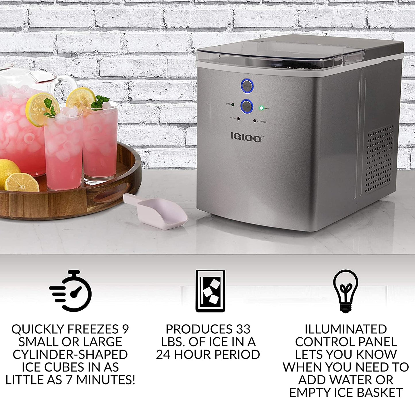 Igloo ICEB33SL Large-Capacity Automatic Portable Electric Countertop Ice Maker Machine, 33 Pounds in 24 Hours, 9 Ice Cubes Ready in 7 minutes