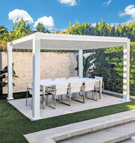 Domi Outdoor Louvered Pergola 10x13FT with Adjustable Steel Roof, Outdoor Aluminum Frame Rainproof Pergola for Backyard, Garden and Lawn,White