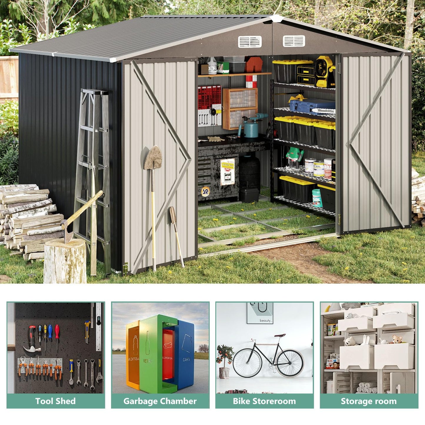 Aoxun 9.6’x7.8’ Outdoor Metal Storage Shed, Steel Utility Tool Shed Storage with Lockable Doors, Metal Sheds Outdoor Storage for Garden, Backyard, Lawn and Patio, Black