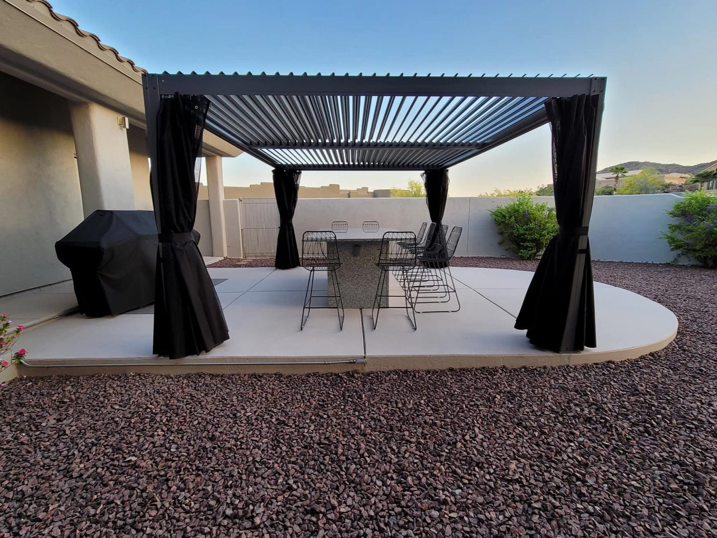 Domi Louvered Pergola 10' × 13', Outdoor Aluminium Pergola with Adjustable Roof, Curtains and Netting, Hardtop Gazebo for Patio, Deck, Garden, Yard, Beach(Gray)