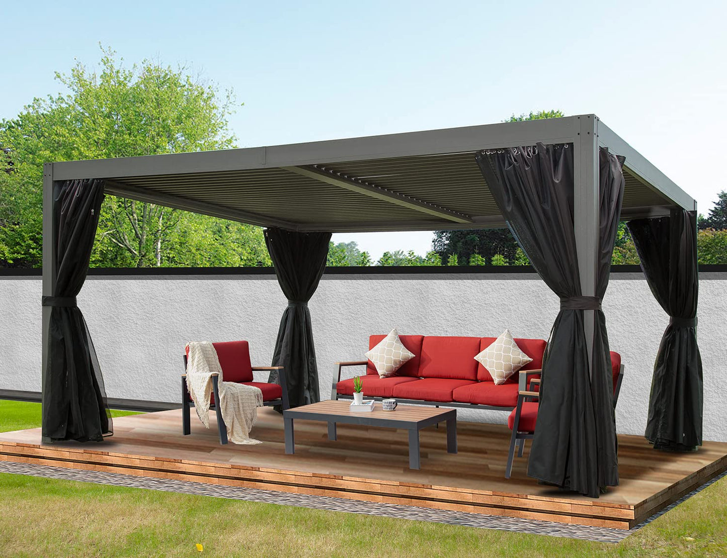 Domi Louvered Pergola 12' × 16', Outdoor Aluminium Pergola with Adjustable Roof, Curtains and Netting, Hardtop Gazebo for Patio, Deck, Garden, Yard, Beach(Gray)