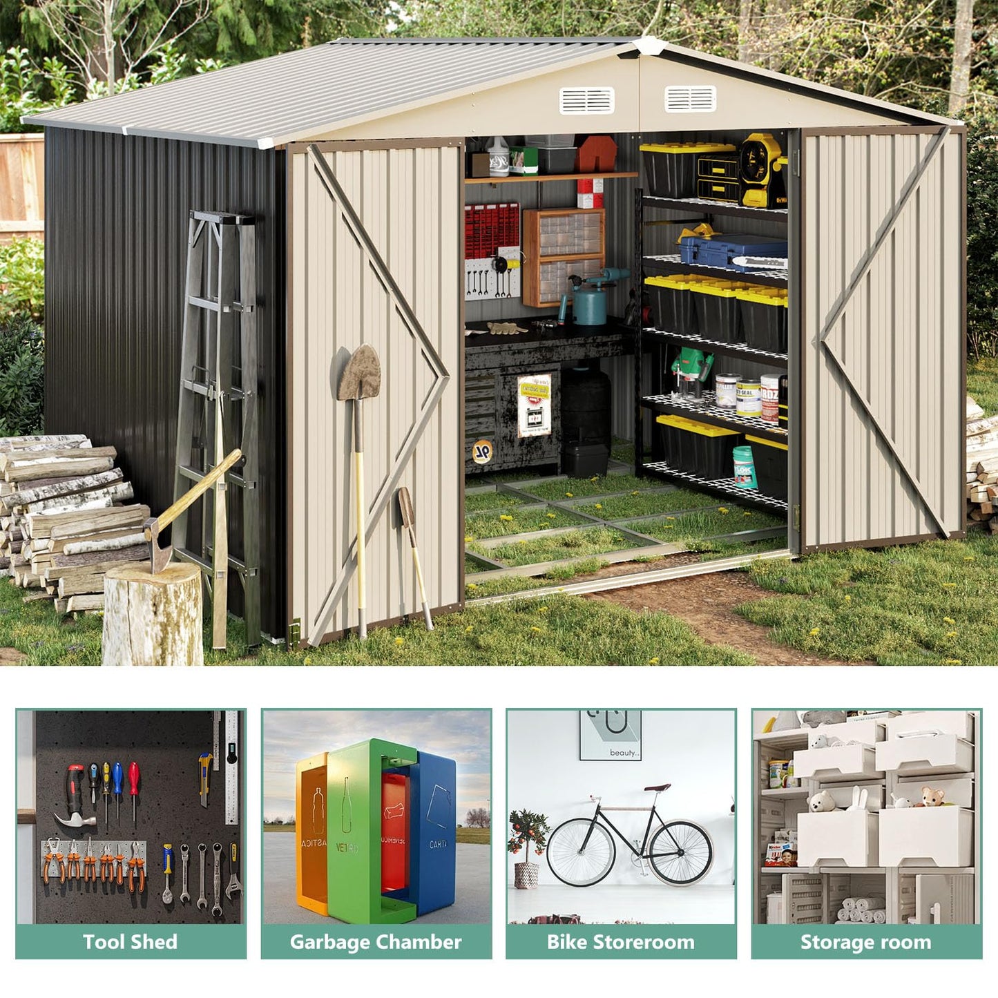 Aoxun 9.6’x7.8’ Outdoor Metal Storage Shed, Steel Utility Tool Shed Storage with Lockable Doors, Metal Sheds Outdoor Storage for Garden, Backyard, Lawn and Patio, Grey