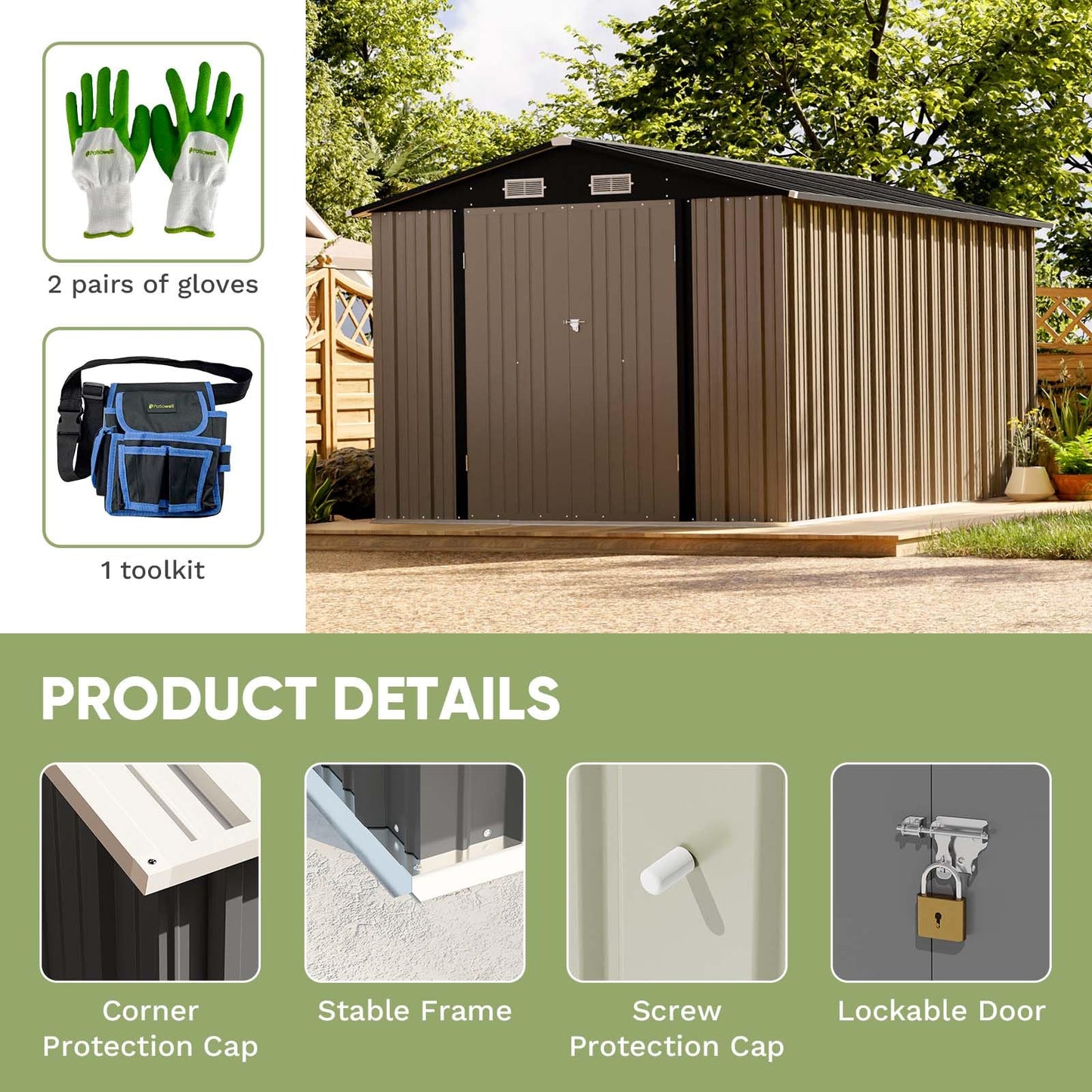 Patiowell 8' x 12' Metal Storage Shed for Outdoor, Steel Yard Shed with Design of Lockable Doors, Utility and Tool Storage for Garden, Backyard, Patio, Outside Use, Brown