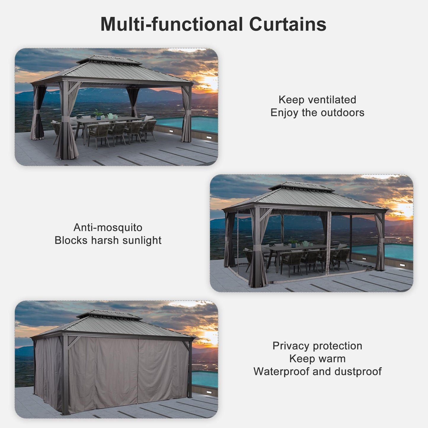 PURPLE LEAF 12' X 16' Permanent Hardtop Gazebo Aluminum Gazebo with Galvanized Steel Double Roof for Patio Lawn and Garden, Curtains and Netting Included, Grey