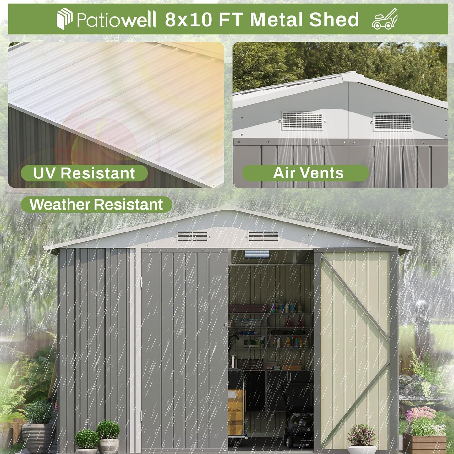 Patiowell 8x10 FT Outdoor Storage Shed, Large Garden Tool Metal Shed with Sloping Roof and Double Lockable Door, Outdoor Shed for Backyard Garden Patio Lawn,Grey