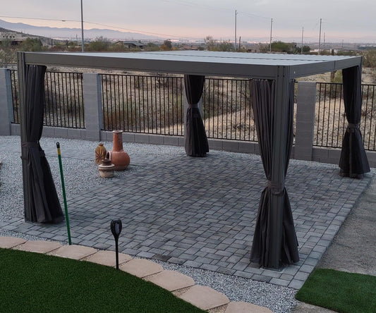 Domi Louvered Pergola 10' × 13', Outdoor Aluminium Pergola with Adjustable Roof, Curtains and Netting, Hardtop Gazebo for Patio, Deck, Garden, Yard, Beach(Gray)